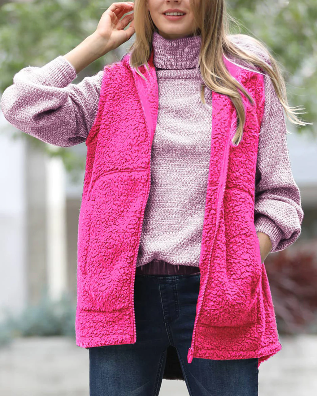 Soft Sherpa High-low Hooded Vest With Pockets - Image 4