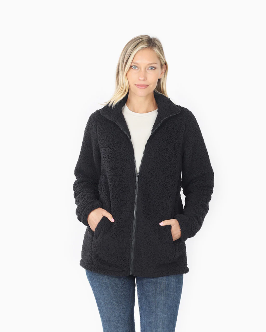 Soft Sherpa Zipper Front Jacket With Side Pockets - Image 2